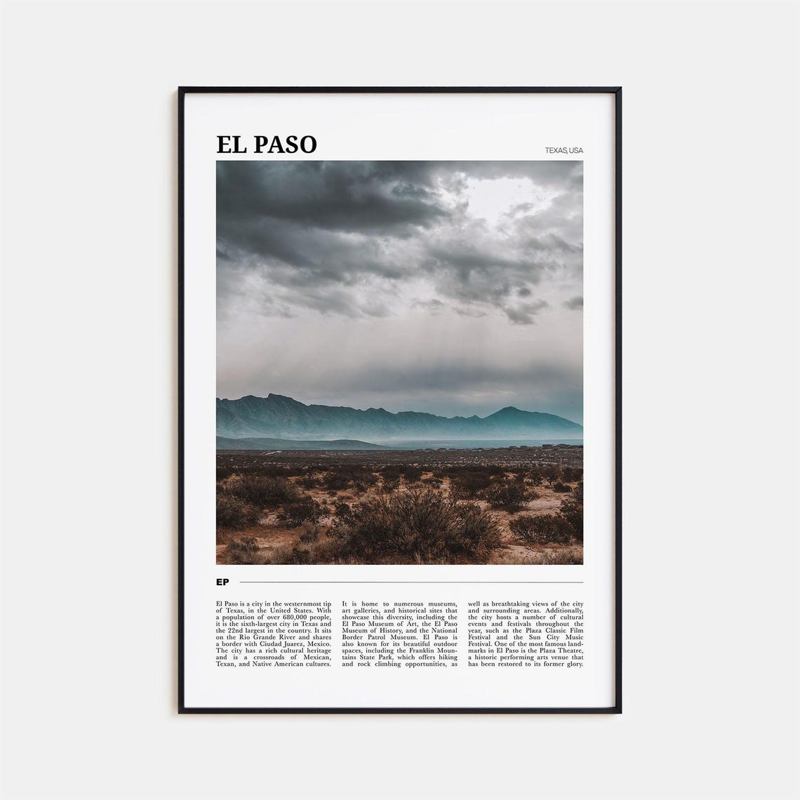 El Paso Texas Desert Landscape Mountain Storm Clouds Travel Poster