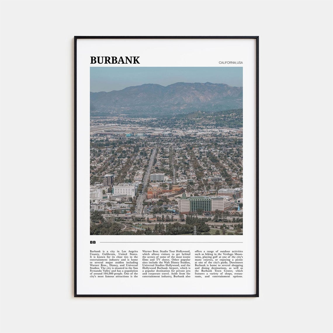 Burbank California Aerial City View Verdugo Mountains Skyline Poster