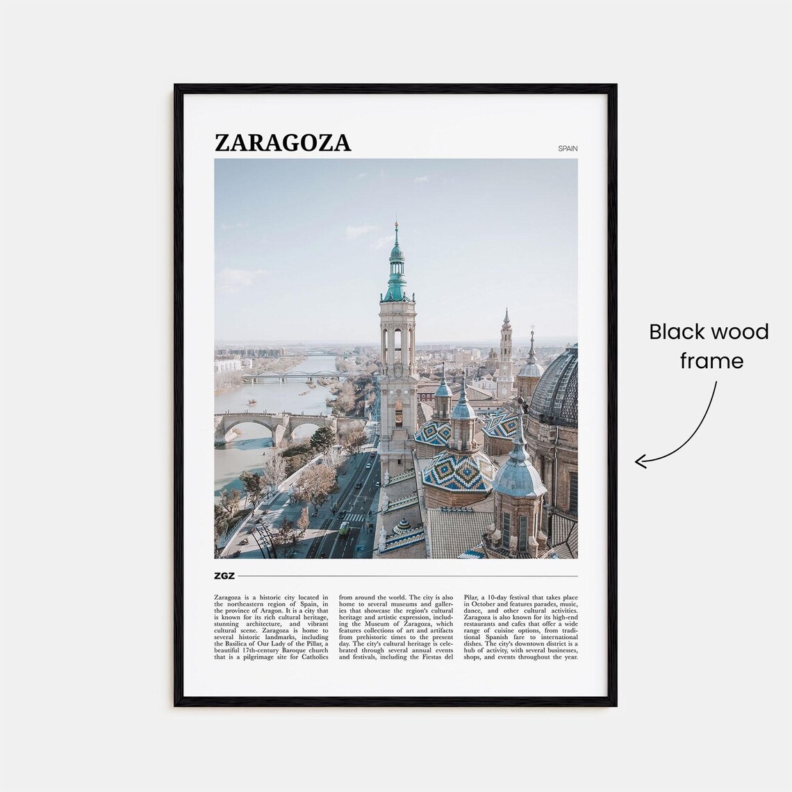 Zaragoza Spain Aerial Basilica Towers Ebro River Bridge Travel Poster - Image 2