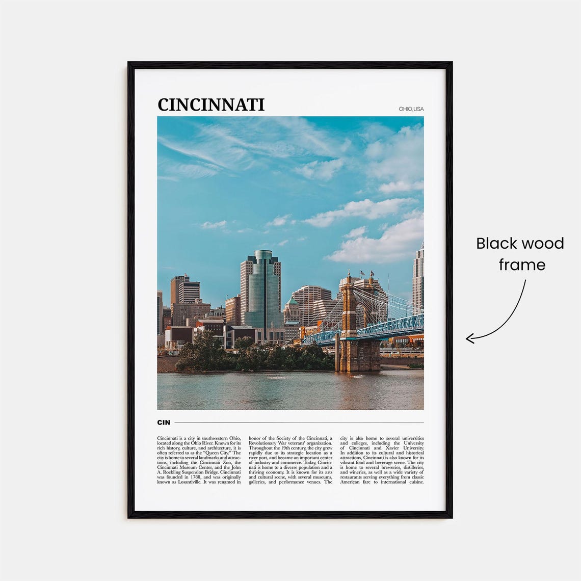 Cincinnati Ohio Travel Poster Skyline Roebling Bridge River View - Image 2