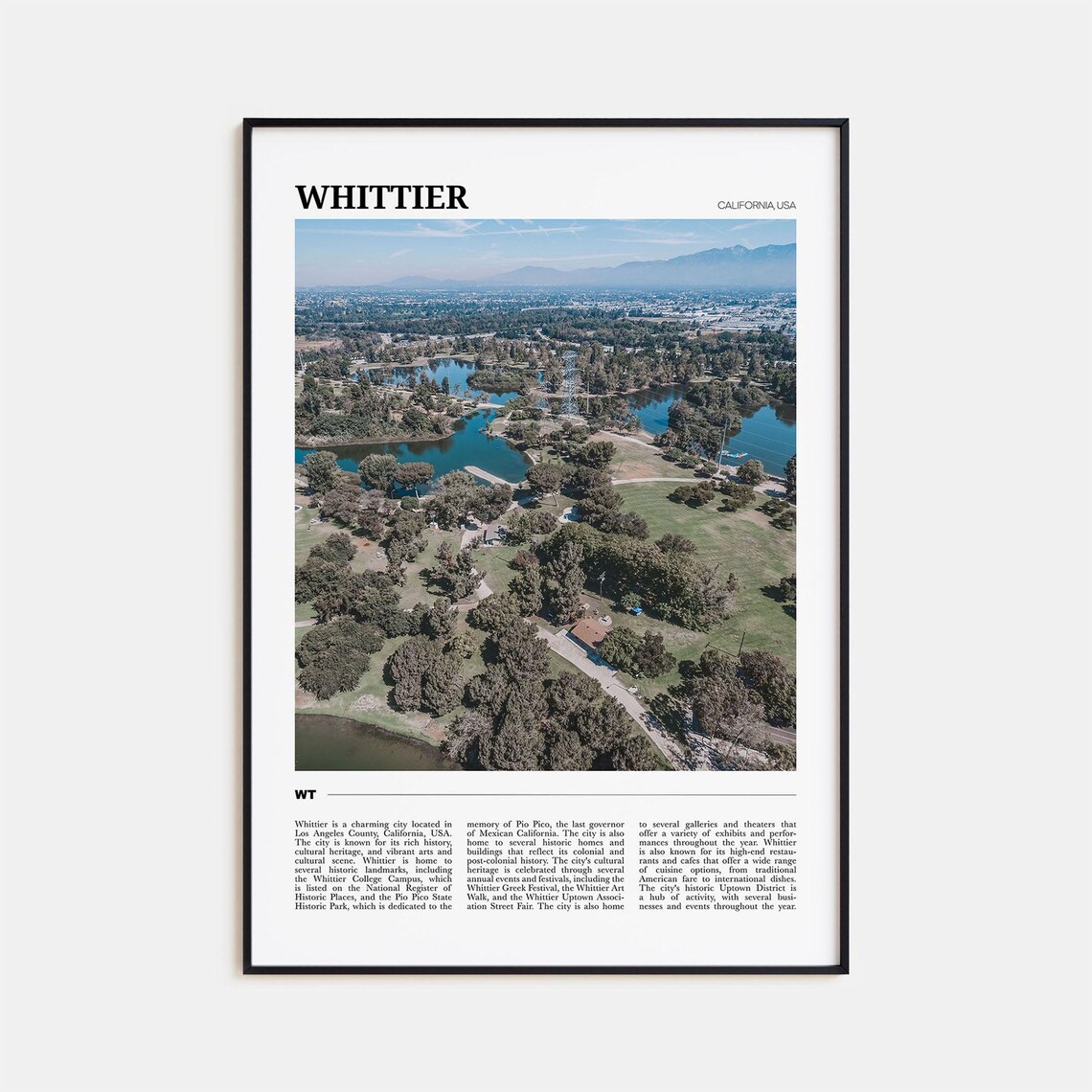 Whittier California Aerial Park Lakes and Green Trees Travel Poster