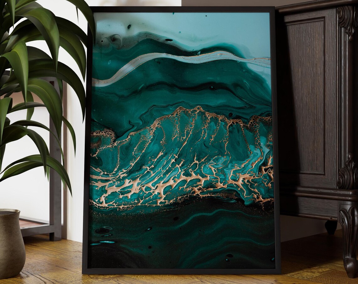 Teal And Gold Marble Wave Abstract Ocean Fluid Art Style Poster