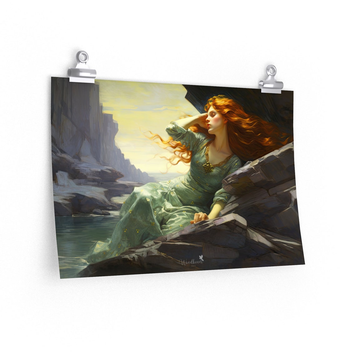 Redhaired Maiden In Green Dress Resting On Coastal Rocks Art Poster