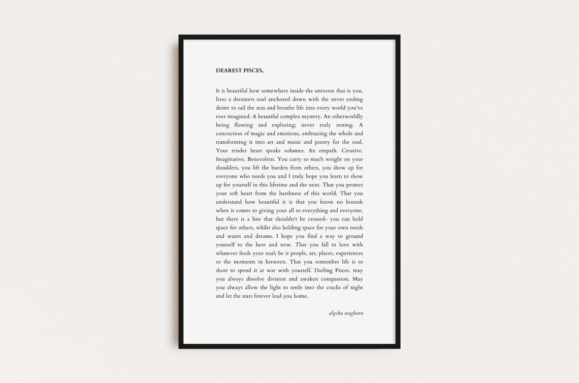 Dearest Pisces Star Sign Letter Minimalist Typography Wall Art