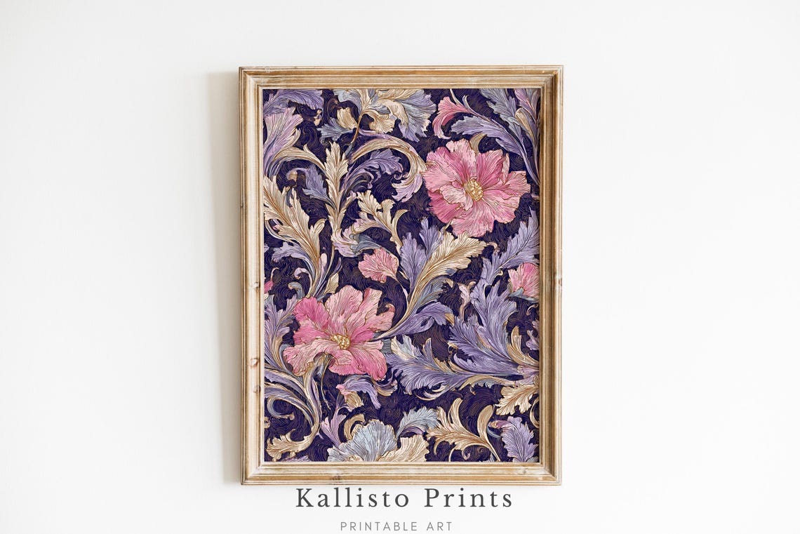 Ornate Baroque Pink Peony Floral Gold Navy Vintage Botanical Poster