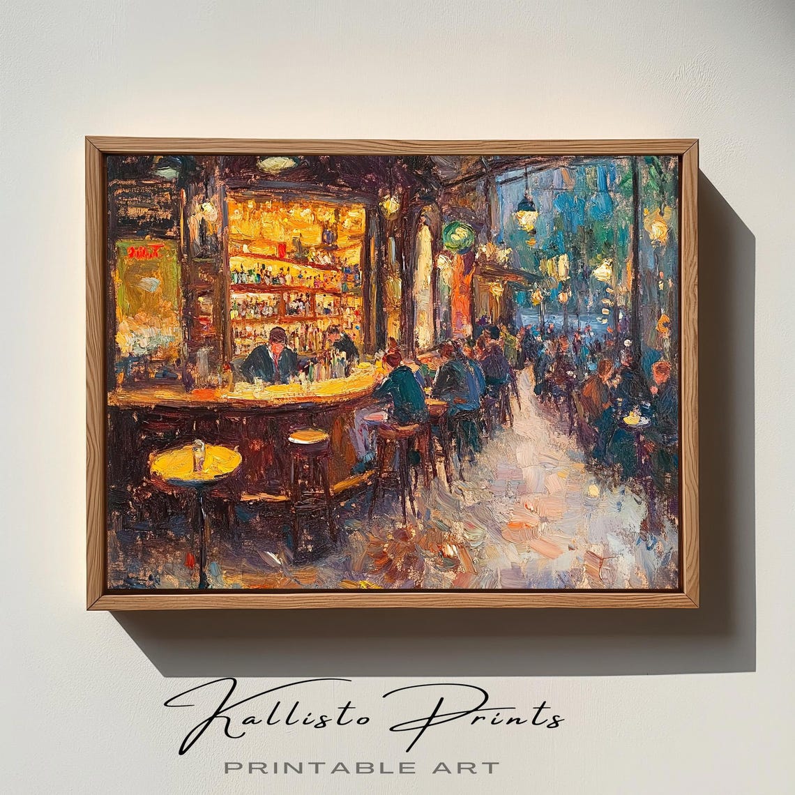 Parisian Night Cafe Warm Golden Bar Scene Impressionist Poster