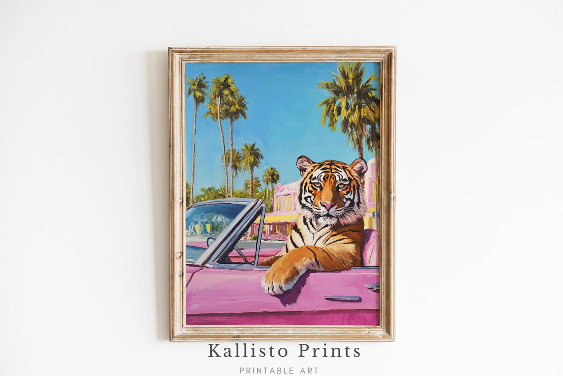 Cool Tiger In Pink Car Palm Trees Retro Beach Portrait Poster
