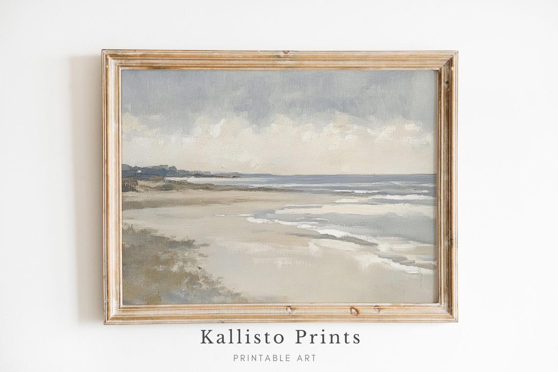 Neutral Coastal Beach Scene Art Print, Minimalist Seaside