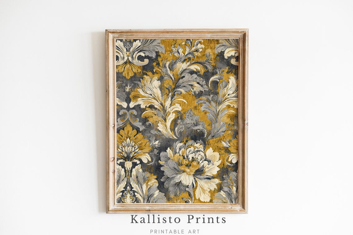 Baroque Gold Gray Damask Ornate Acanthus Vintage Botanical Poster