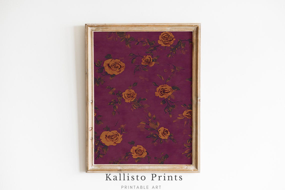 Gold Roses On Burgundy Moody Vintage Dark Floral Pattern Poster