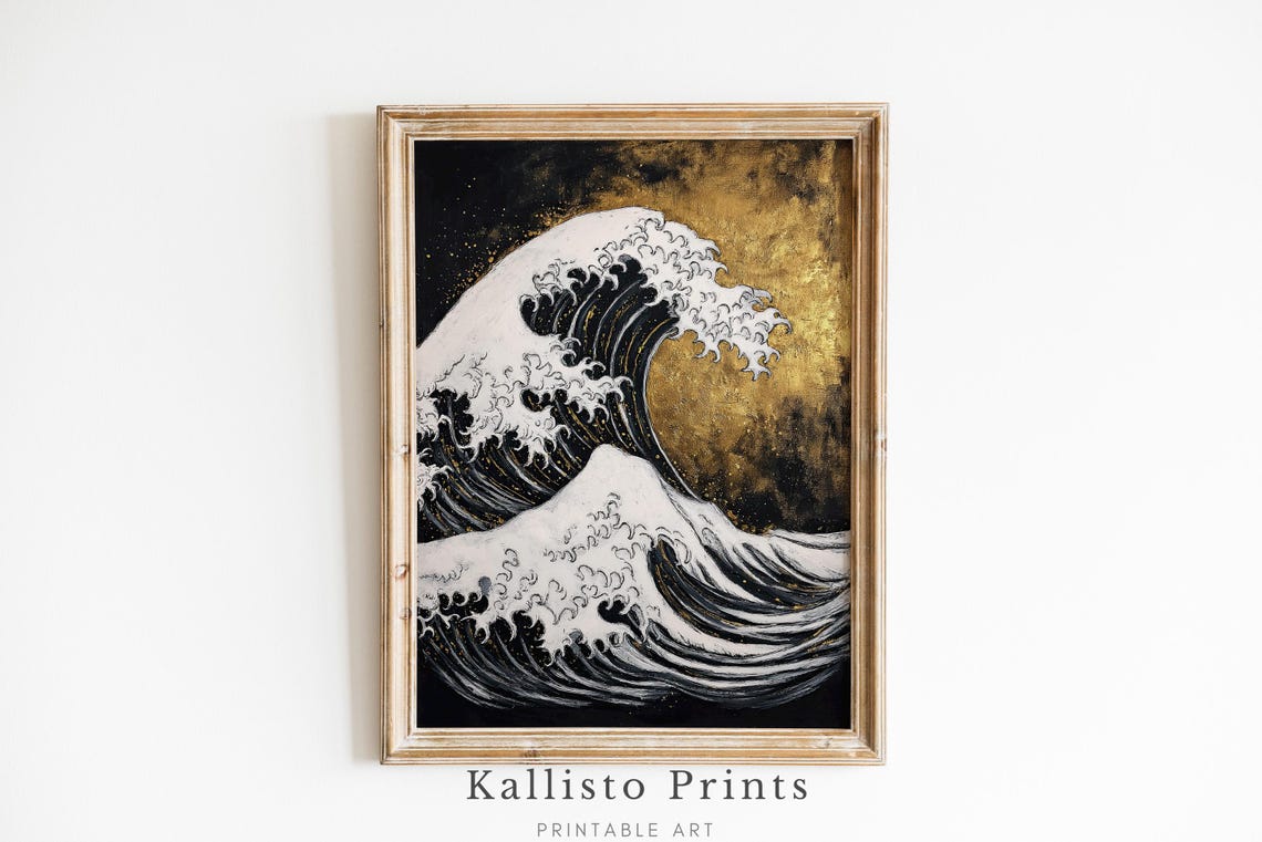 Great Wave Japanese Ocean Art Black Gold Dramatic Style Poster