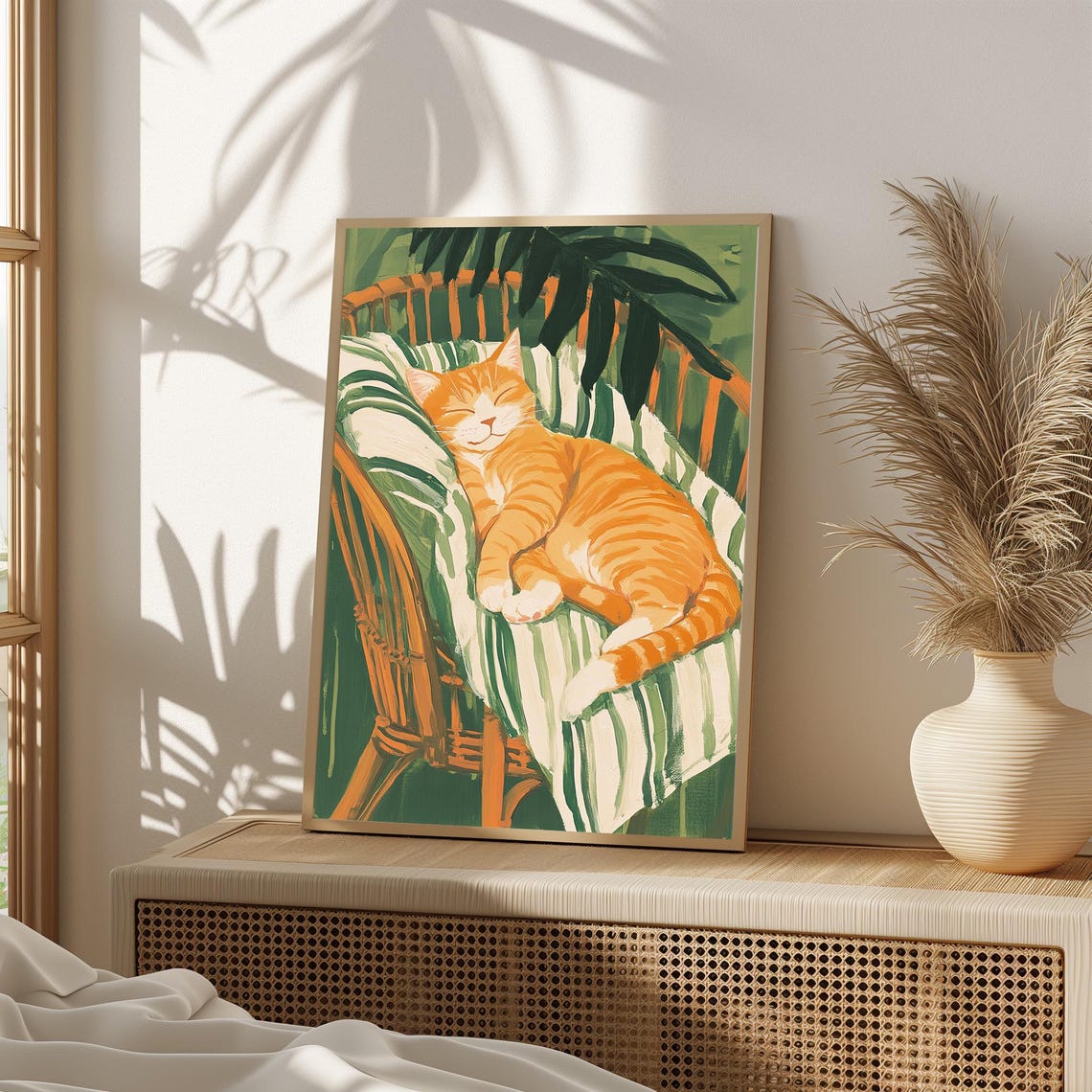 Sleeping Ginger Cat On Tropical Chair Whimsical Pet Wall Art