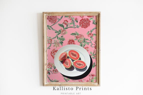Watermelon Wall Art Vintageinspired Kitchen Fruit Decor On Floral Pink Background Art655