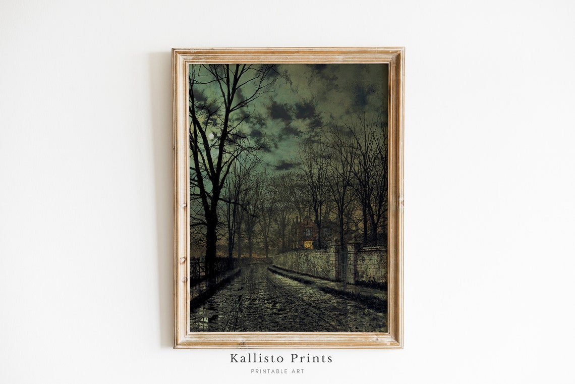 Moonlit Road Night Painting Gothic House Dark Woodland Scene Poster