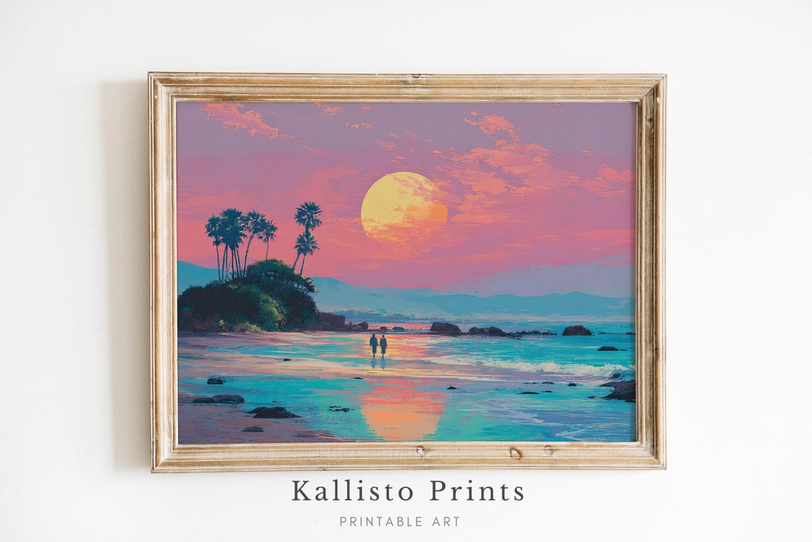 Tropical Beach Sunset Palm Trees Retro Big Sun Coastal Scene Poster