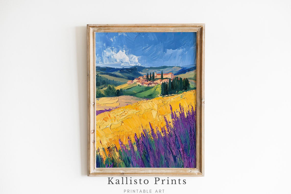 Lavender Field Golden Wheat Village On Hill Impasto Landscape Poster
