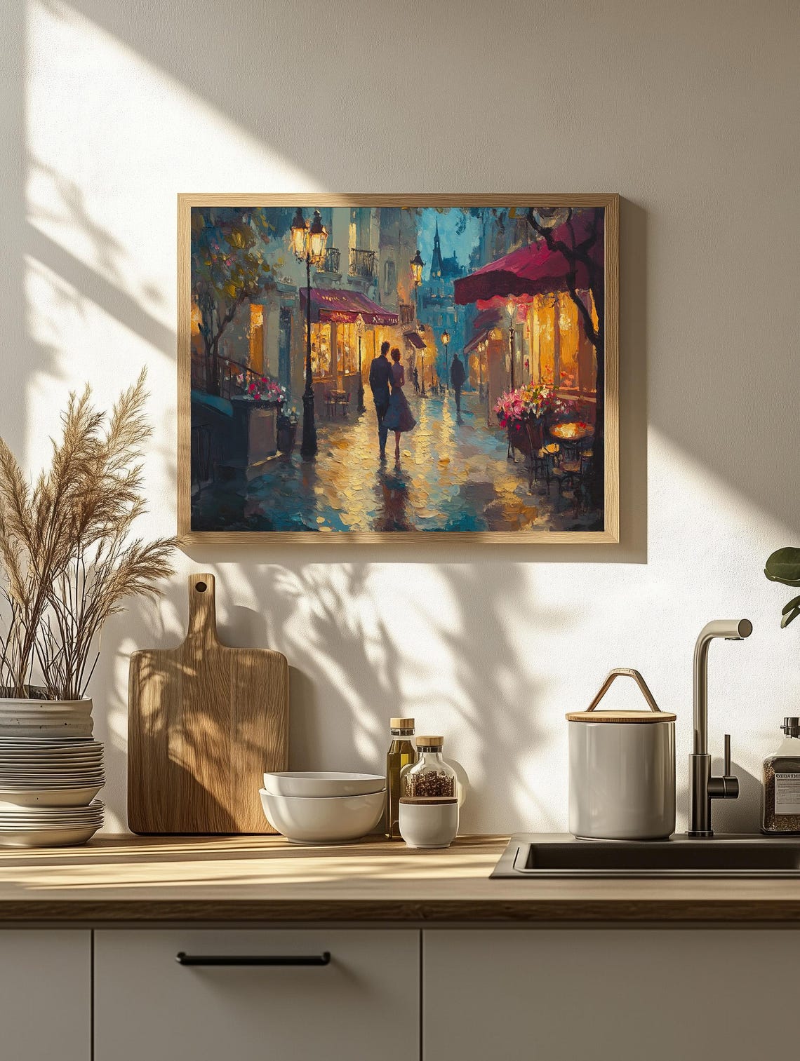Romantic Paris Night Street Couple Cafe Lights Rainy Glow Poster