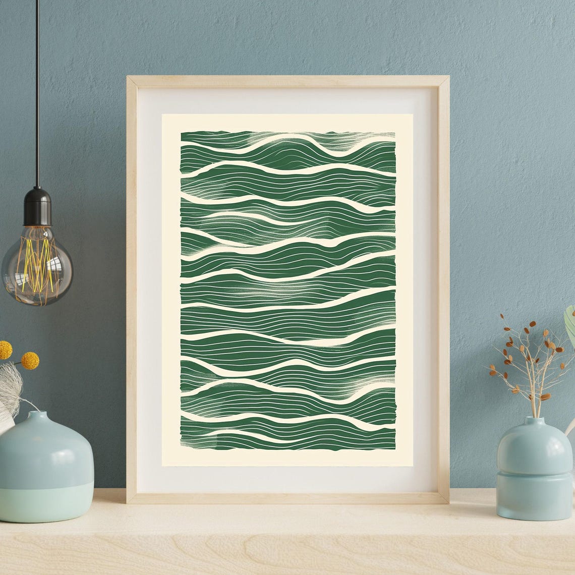 Abstract Emerald Green Ocean Wave Line Modern Graphic Art Poster