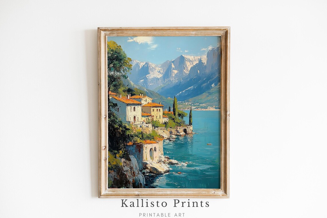 Mediterranean Coastal Village With Snowy Mountains Seascape Poster