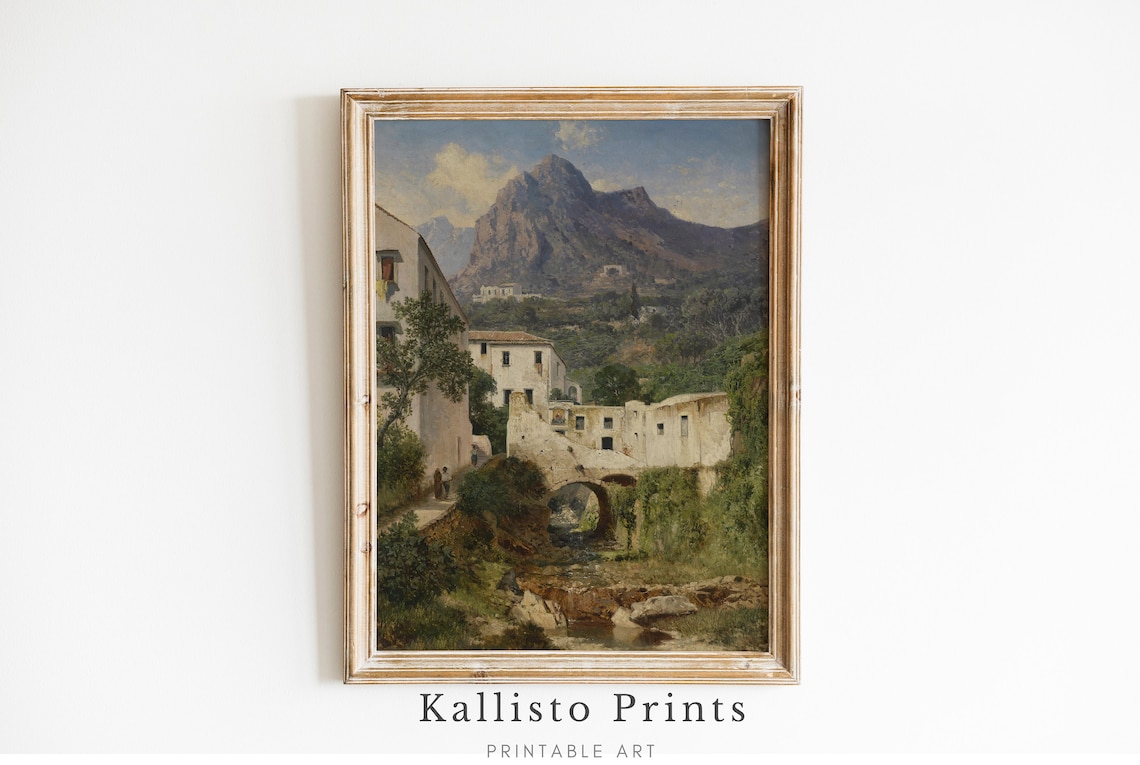 Mediterranean Village Painting Mountain Town Vintage Travel Poster
