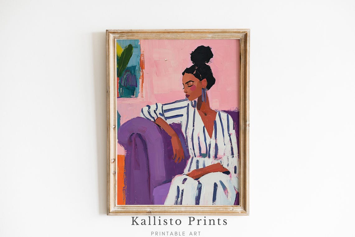 Modern Boho Woman Art Print Relaxed Feminine Portrait Minimalist Pastel Wall Vibrant Home Decor573