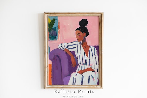 Modern Boho Woman Striped Dress Purple Couch Relaxed Portrait Poster