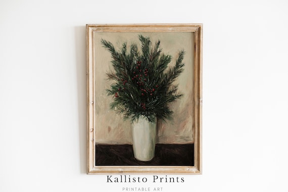 Rustic Holiday Greenery Poster Pine Branches Red Berries Winter Art