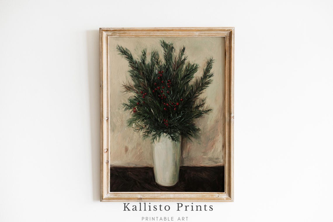 Rustic Holiday Greenery Poster Pine Branches Red Berries Winter Art