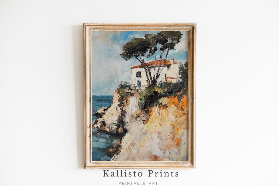 Mediterranean Cliff Villa Coastal Impressionist Seaside Poster