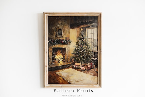 Cozy Vintage Christmas Living Room Fireplace Oil Painting Poster