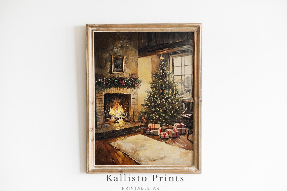 Cozy Vintage Christmas Living Room Fireplace Oil Painting Poster