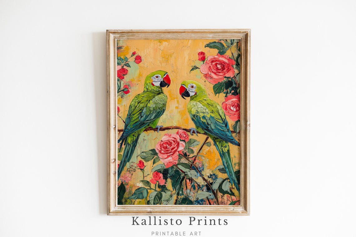 Two Green Parrots Among Pink Roses Golden Oil Painting Wall Art