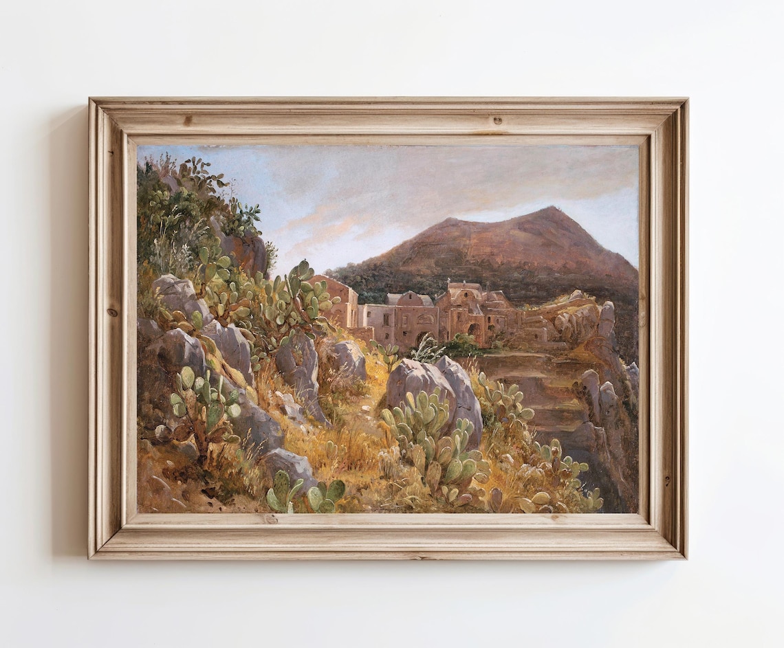 Rustic Mediterranean Hills Painting Cactus Ruins Vintage Desert Poster
