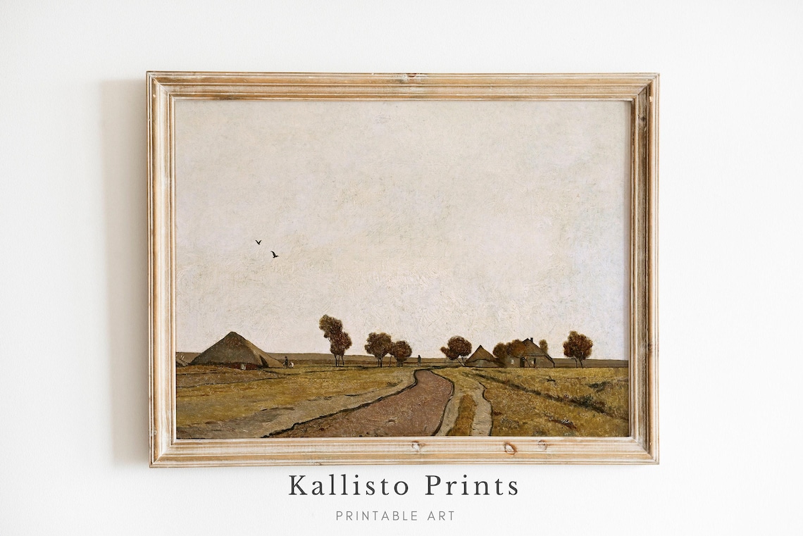 Minimalist Rural Road Painting Vintage Farm Landscape Field Poster