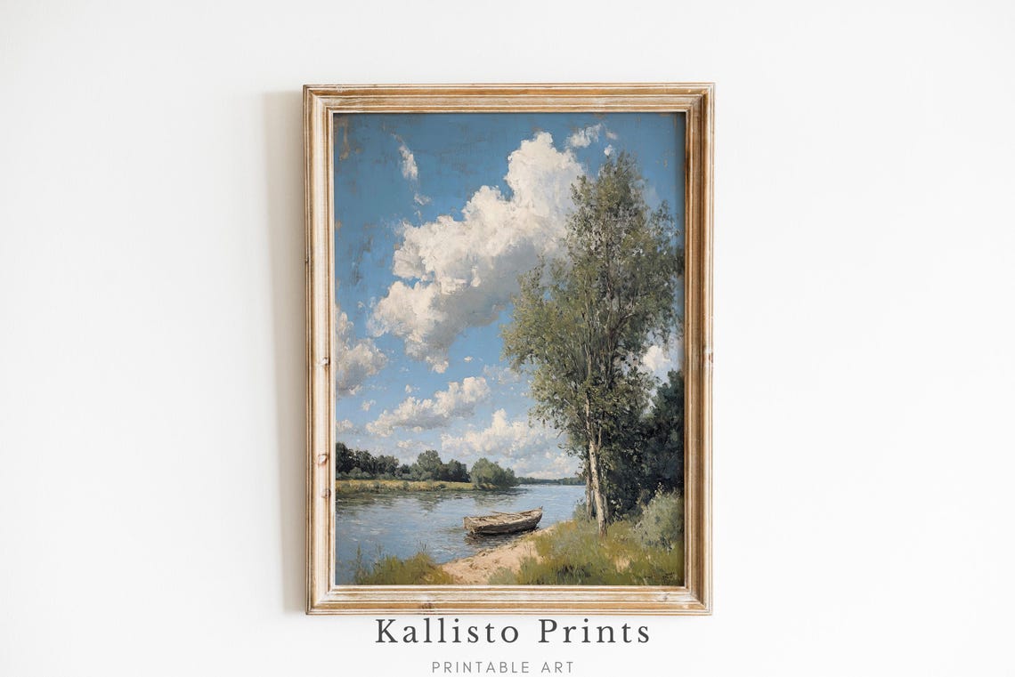 Vintage River Scene Rowboat Blue Sky Clouds Classic Landscape Wall Art