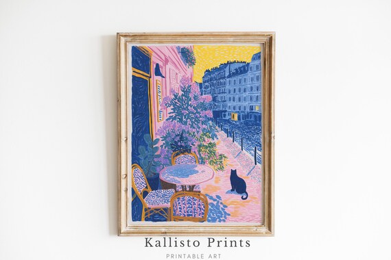 Parisian Street Black Cat Cafe Table Golden Sky Whimsical Poster