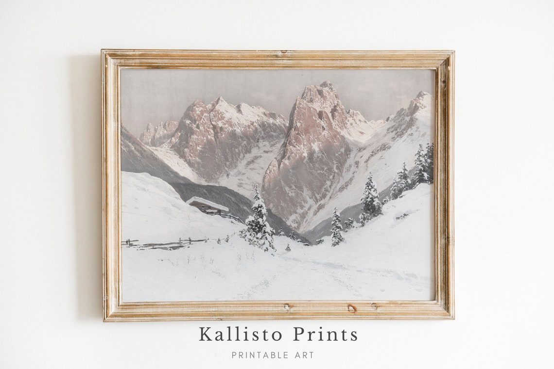 Jagged Alpine Peaks Above Snowy Mountain Chalet Winter Poster
