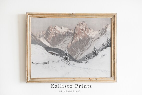 Jagged Alpine Peaks Above Snowy Mountain Chalet Winter Poster