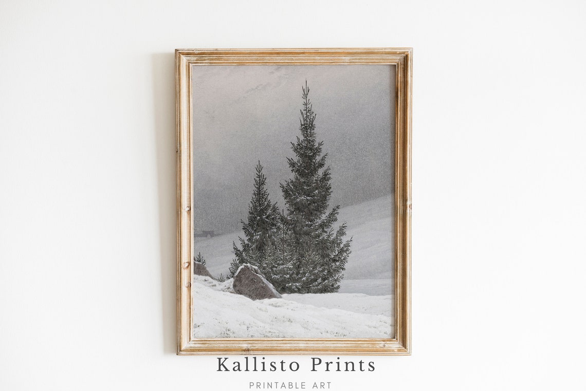 Snowcovered Pine Tree Art Print, Minimalist Winter Landscape