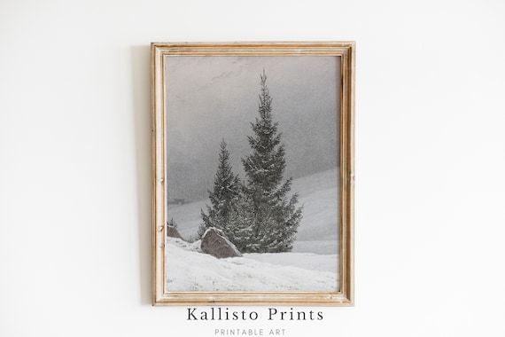 Snowcovered Pine Tree Art Print, Minimalist Winter Landscape