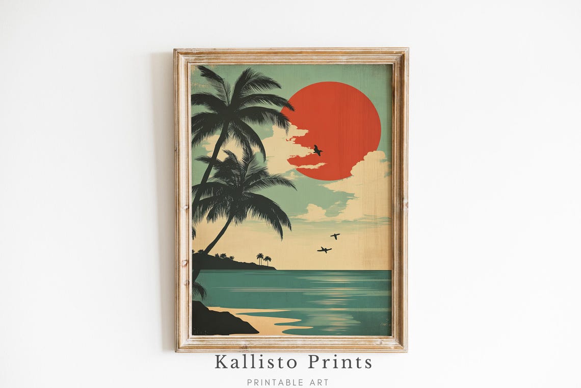 Retro Tropical Beach Sunset Palms Red Sun Vintage Travel Poster