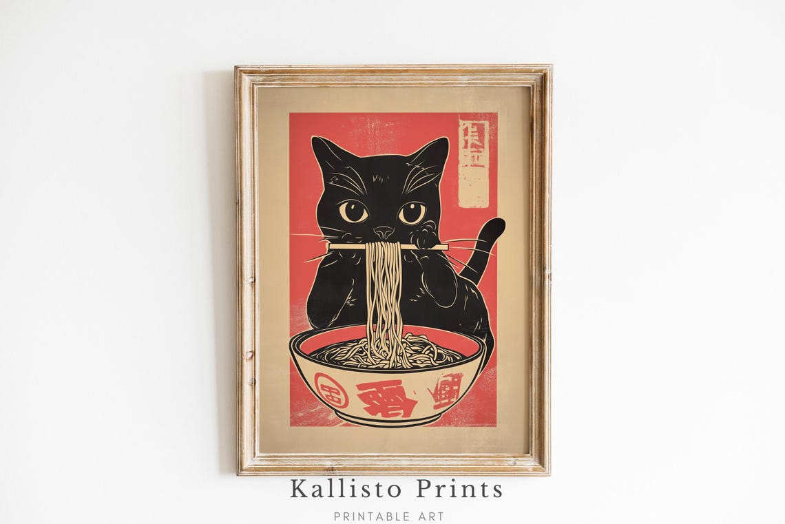 Black Cat Eating Ramen Noodles Japanese Style Funny Kitchen Wall Art