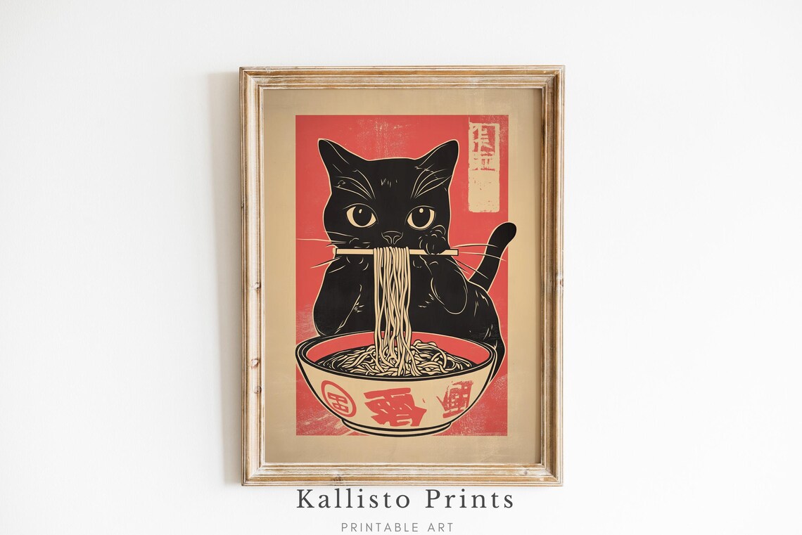 Ramen Cat Wall Art Funny Asianinspired Quirky Decor Noodle Bowl Art668