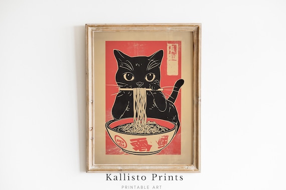 Black Cat Eating Ramen Noodles Japanese Style Funny Kitchen Wall Art