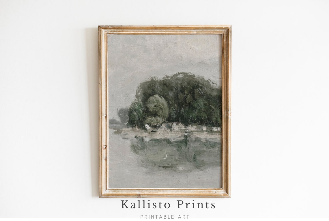 Muted Green Lake Landscape With Trees Impressionist Nature Poster
