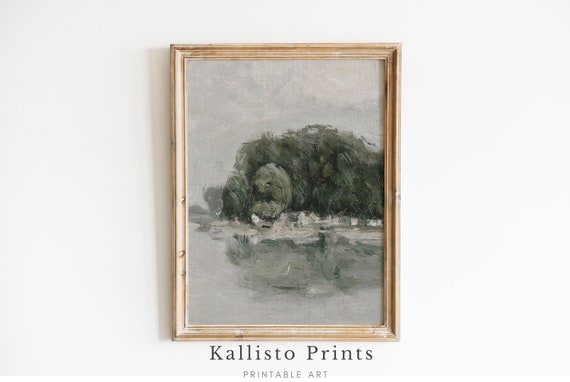 Muted Vintage Lake Landscape Print Country Oil Painting Farmhouse Art202