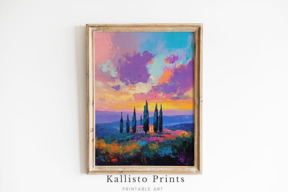 Tuscan Sunset Wall Art Colorful Landscape With Cypress Trees Download501