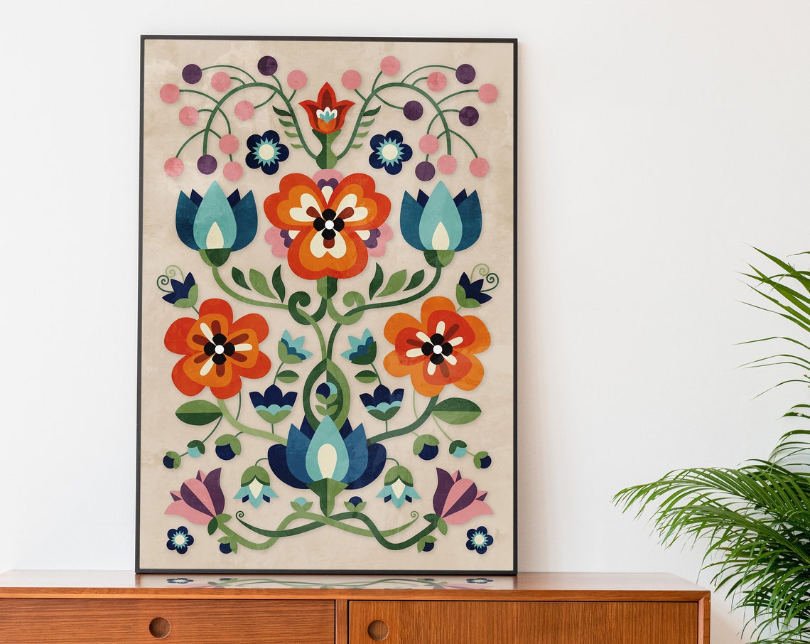 Mountain Flowers Folk Motif Art Print - Image 3