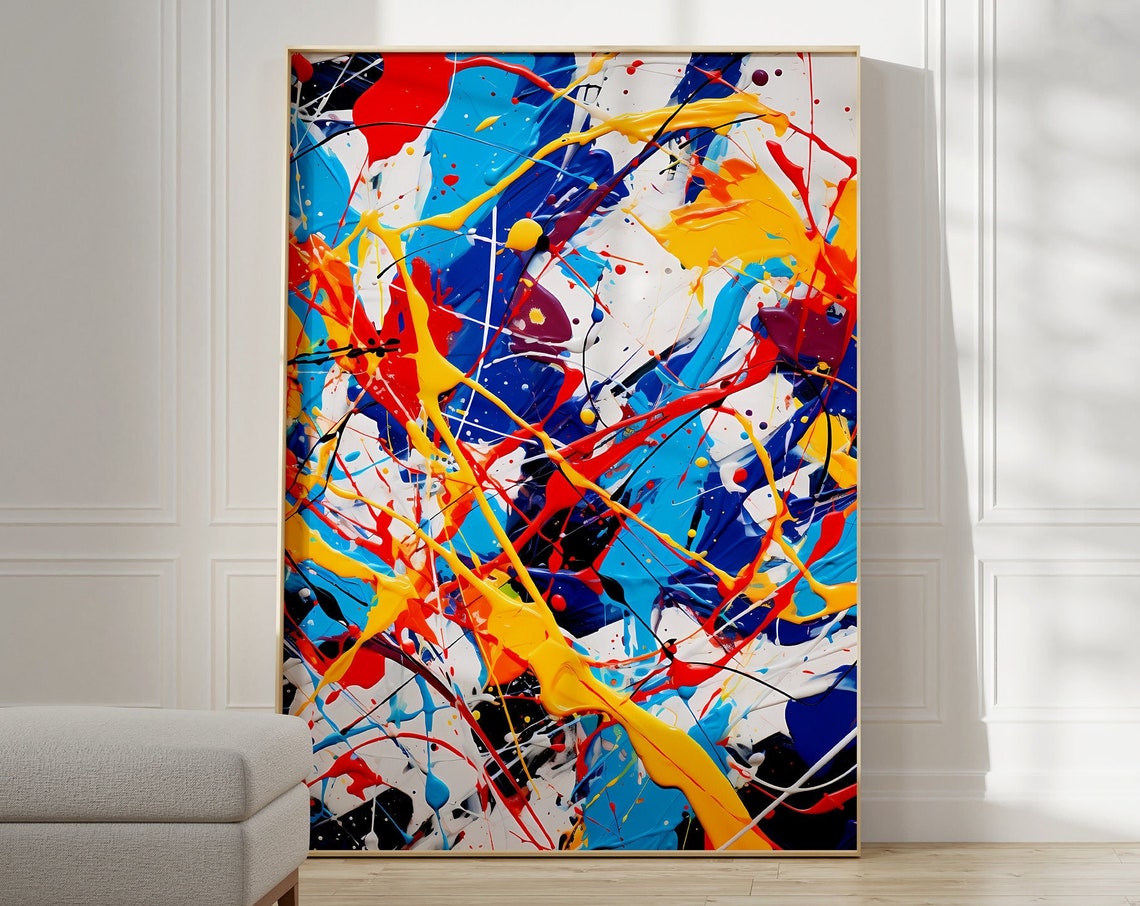 Jackson Pollock Style Drip Painting Blue Red Yellow Abstract Poster