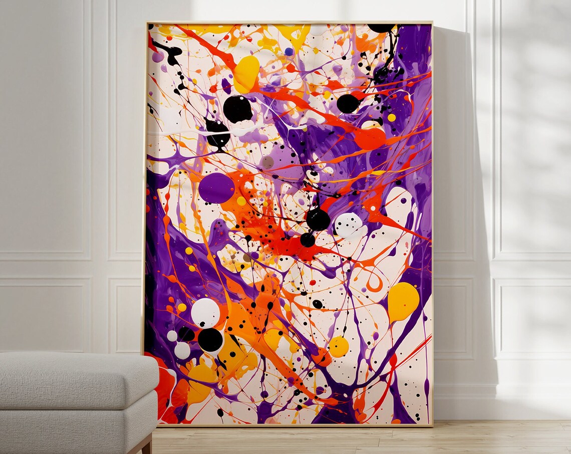 Jackson Pollock Style Purple Orange Dot Drip Abstract Art Poster